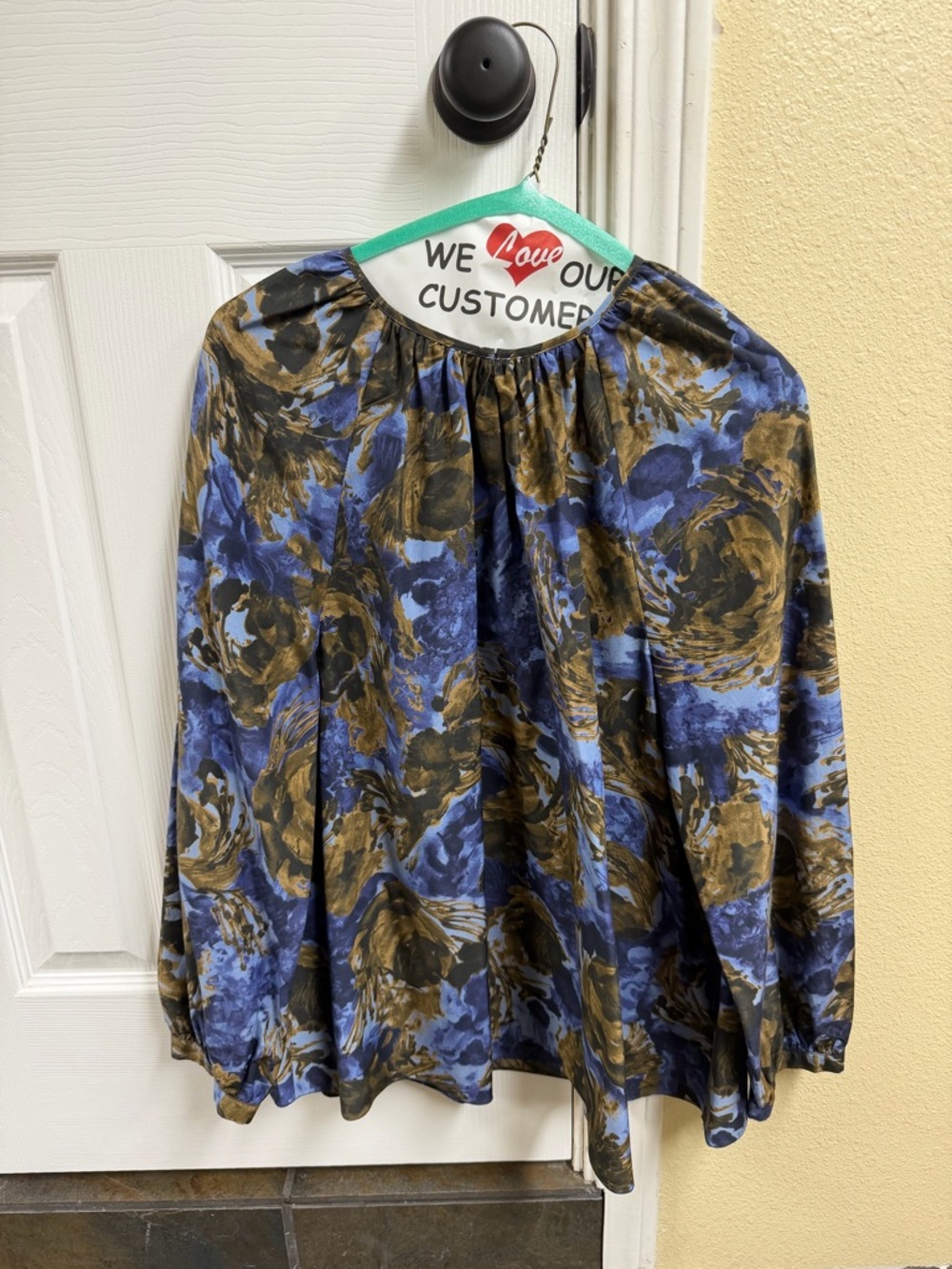 ANN MASHBURN Blue and Brown Floral Long-Sleeve Blouse